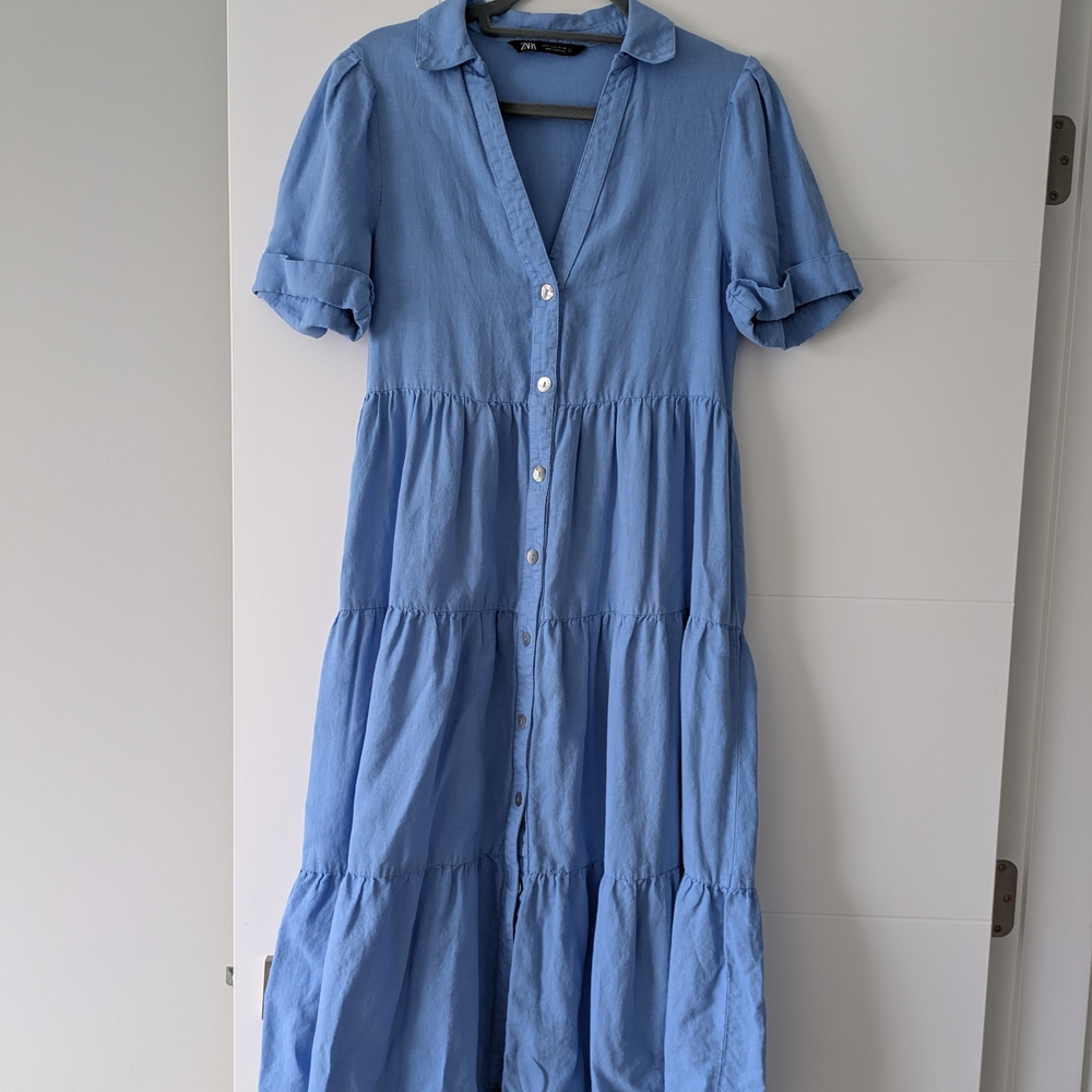 Zara Cotton Linen Tiered Button-Down Dress
